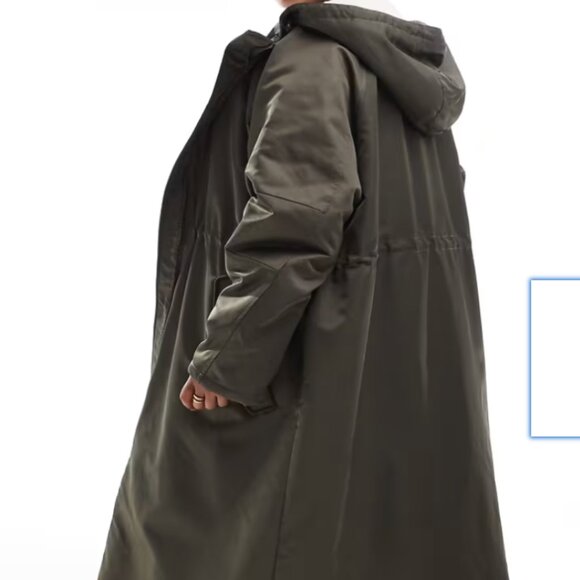 ASOS DESIGN Curve Teddy Lined Longline Rain Coat in Khaki - Picture 2 of 6